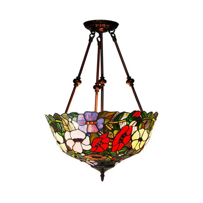 DecorBites™ DecorBites™ Tiffany Style Flower Cut Glass Semi Mount Ceiling Flush Light - Red/Orange/Blue - 2 Lights - Bronze - Bedroom