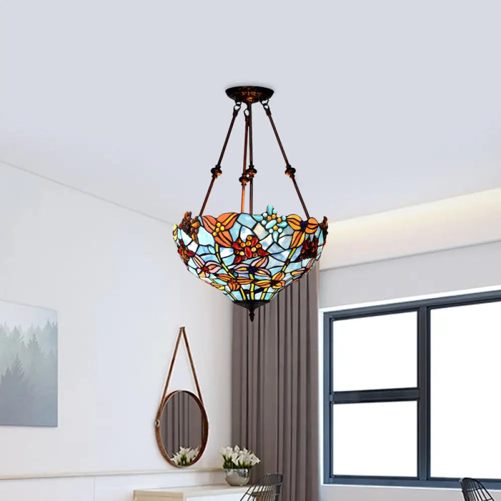 DecorBites™ DecorBites™ Tiffany Style Flower Cut Glass Semi Mount Ceiling Flush Light - Red/Orange/Blue - 2 Lights - Bronze - Bedroom