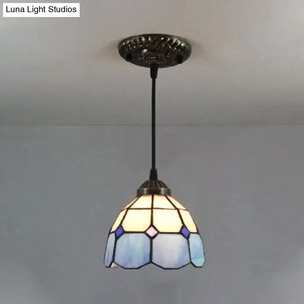 Tiffany-Style Flower Handcrafted Stained Glass Pendant Light in Yellow/Light Blue/Dark Blue