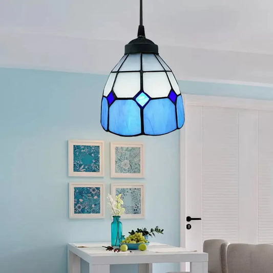 Tiffany-Style Flower Handcrafted Stained Glass Pendant Light in Yellow/Light Blue/Dark Blue