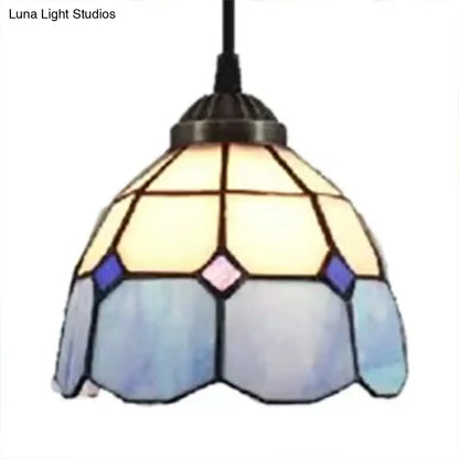 Tiffany-Style Flower Handcrafted Stained Glass Pendant Light in Yellow/Light Blue/Dark Blue