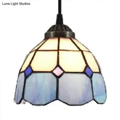 Tiffany-Style Flower Handcrafted Stained Glass Pendant Light in Yellow/Light Blue/Dark Blue