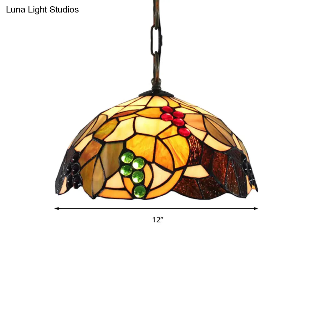 Tiffany-Style Grape Pendant Lighting - 12"/16" Wide, 1-Head, Brown Cut Glass Ceiling Light