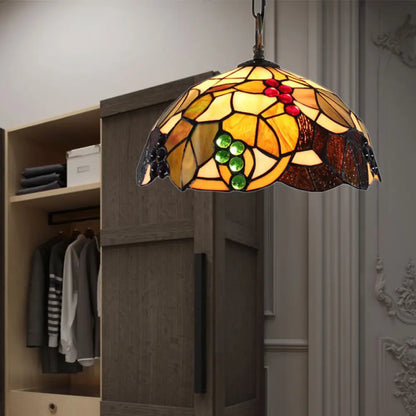 Tiffany-Style Grape Pendant Lighting - 12"/16" Wide, 1-Head, Brown Cut Glass Ceiling Light