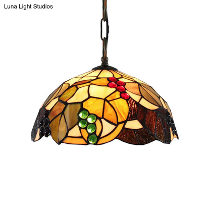 Tiffany-Style Grape Pendant Lighting - 12"/16" Wide, 1-Head, Brown Cut Glass Ceiling Light