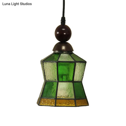 Tiffany Style Green Frosted Glass Geometric Pendant Light - Ideal for Bedroom