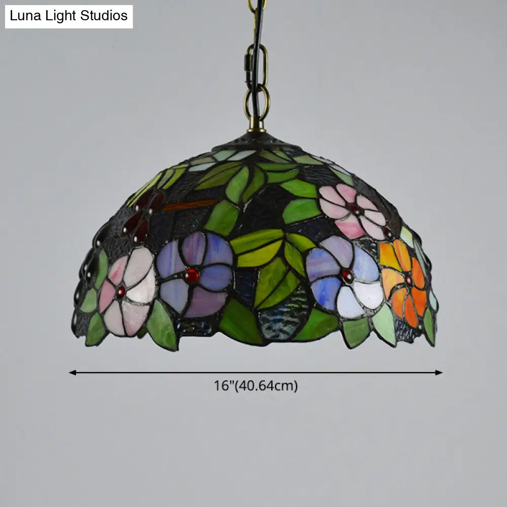 Tiffany-Style Green Stained Glass Bowl Pendant Light with 1 Hanging Lamp