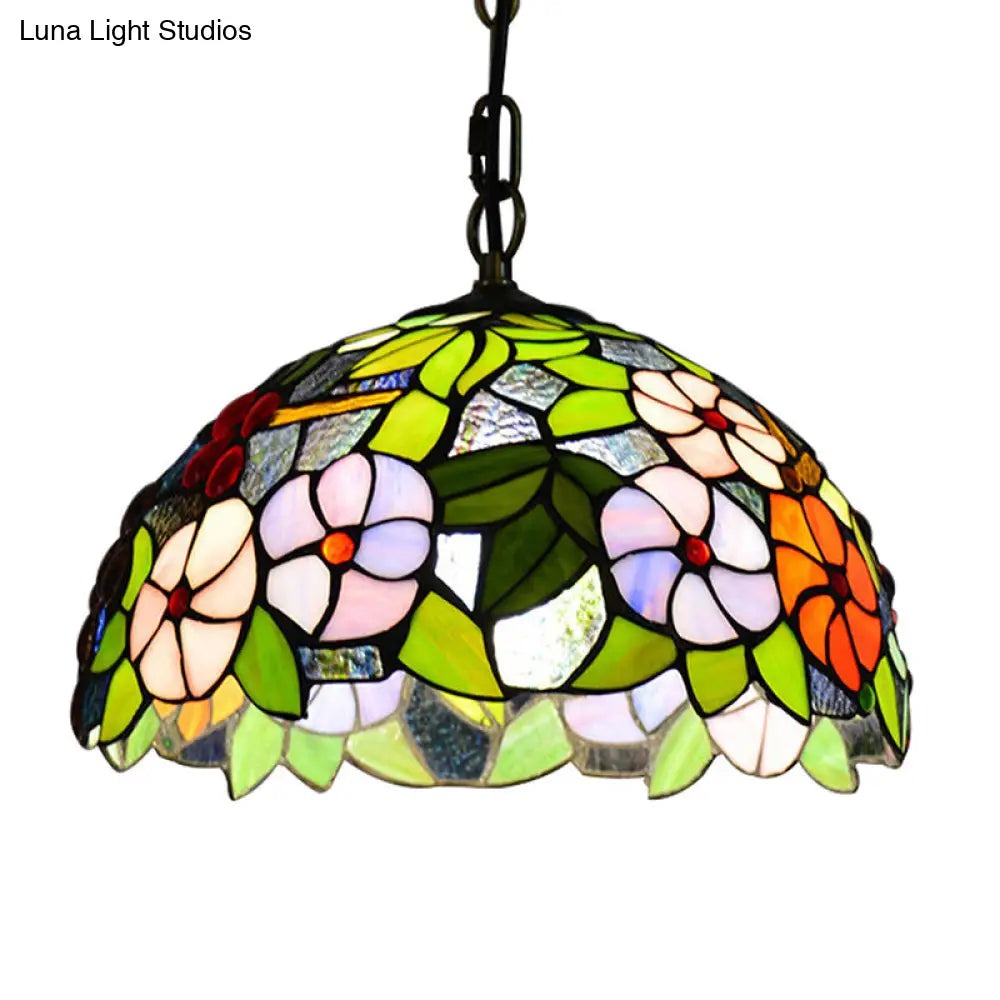 Tiffany-Style Green Stained Glass Bowl Pendant Light with 1 Hanging Lamp