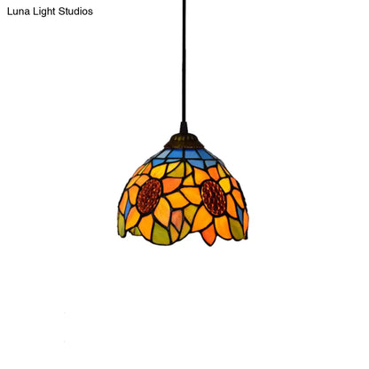 Tiffany-Style Hand Cut Glass Pendant Ceiling Light - Green/Orange Flare Design, Ideal for Living Room