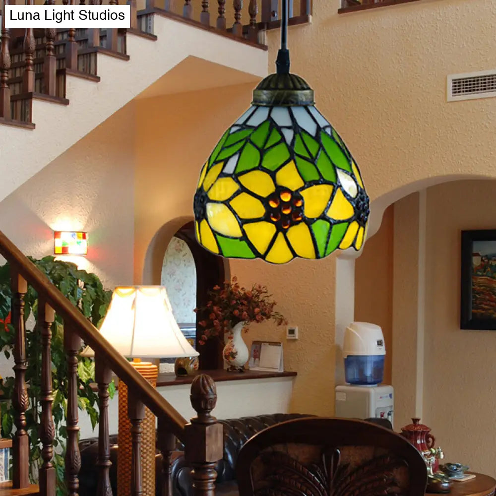 Tiffany-Style Hand Cut Glass Pendant Ceiling Light - Green/Orange Flare Design, Ideal for Living Room