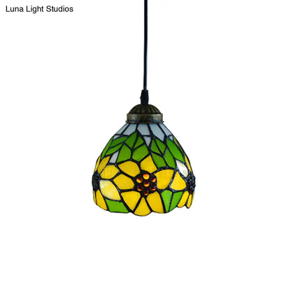 Tiffany-Style Hand Cut Glass Pendant Ceiling Light - Green/Orange Flare Design, Ideal for Living Room