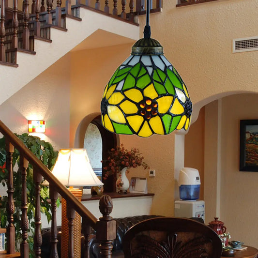 Tiffany-Style Hand Cut Glass Pendant Ceiling Light - Green/Orange Flare Design, Ideal for Living Room