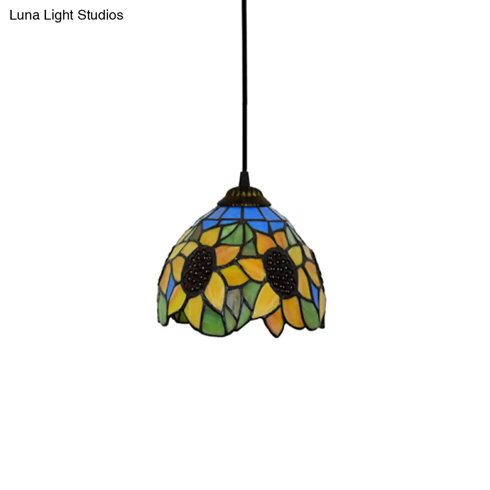 Tiffany-Style Hand Cut Glass Pendant Ceiling Light - Green/Orange Flare Design, Ideal for Living Room