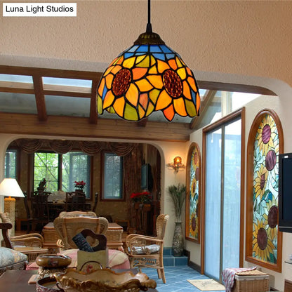 Tiffany-Style Hand Cut Glass Pendant Ceiling Light - Green/Orange Flare Design, Ideal for Living Room