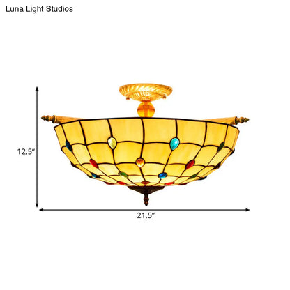 Tiffany Style Handcrafted Art Glass Ceiling Light Fixture - 5 Heads, Semi Flush Mount, Brass Finish - 21.5"/25.5" W