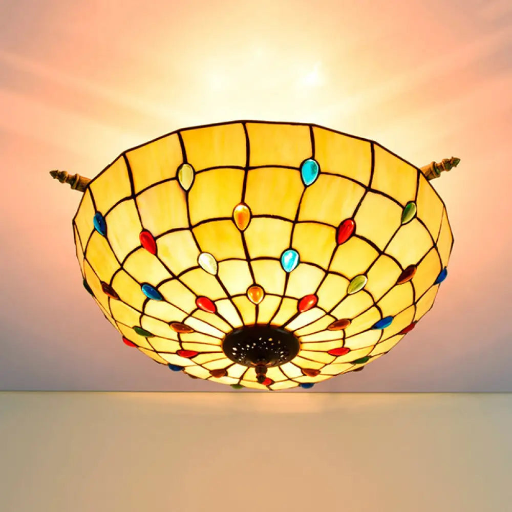 Tiffany Style Handcrafted Art Glass Ceiling Light Fixture - 5 Heads, Semi Flush Mount, Brass Finish - 21.5"/25.5" W