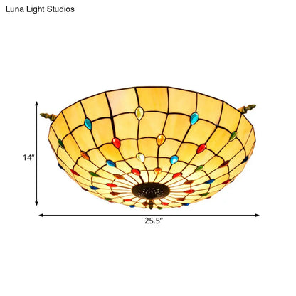 Tiffany Style Handcrafted Art Glass Ceiling Light Fixture - 5 Heads, Semi Flush Mount, Brass Finish - 21.5"/25.5" W