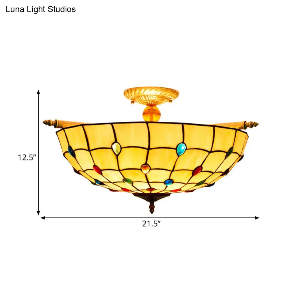 Tiffany Style Handcrafted Art Glass Ceiling Light Fixture - 5 Heads, Semi Flush Mount, Brass Finish - 21.5"/25.5" W