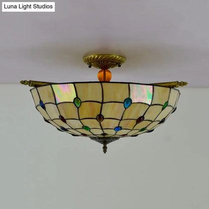 Tiffany Style Handcrafted Art Glass Ceiling Light Fixture - 5 Heads, Semi Flush Mount, Brass Finish - 21.5"/25.5" W