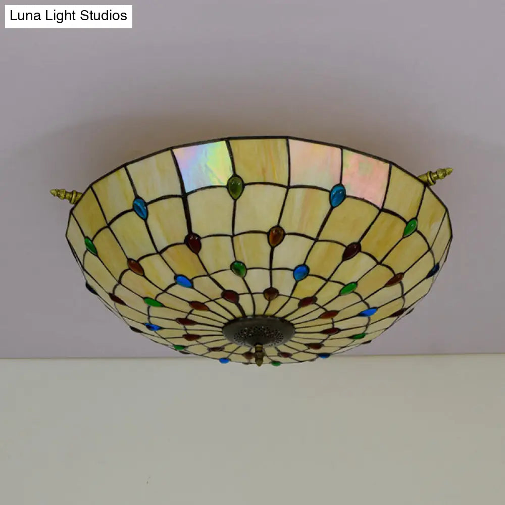 Tiffany Style Handcrafted Art Glass Ceiling Light Fixture - 5 Heads, Semi Flush Mount, Brass Finish - 21.5"/25.5" W