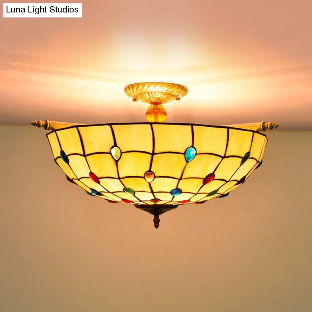 Tiffany Style Handcrafted Art Glass Ceiling Light Fixture - 5 Heads, Semi Flush Mount, Brass Finish - 21.5"/25.5" W