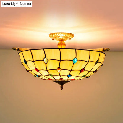 Tiffany Style Handcrafted Art Glass Ceiling Light Fixture - 5 Heads, Semi Flush Mount, Brass Finish - 21.5"/25.5" W