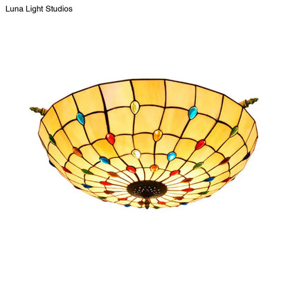 Tiffany Style Handcrafted Art Glass Ceiling Light Fixture - 5 Heads, Semi Flush Mount, Brass Finish - 21.5"/25.5" W