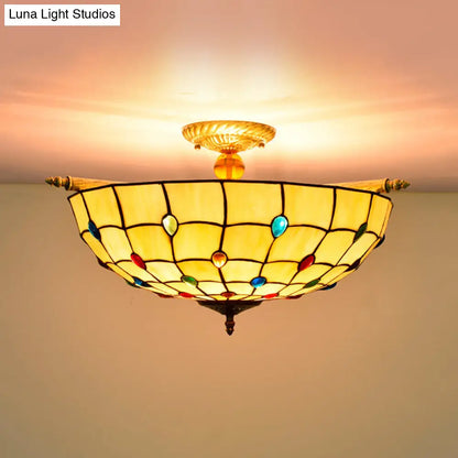 Tiffany Style Handcrafted Art Glass Ceiling Light Fixture - 5 Heads, Semi Flush Mount, Brass Finish - 21.5"/25.5" W