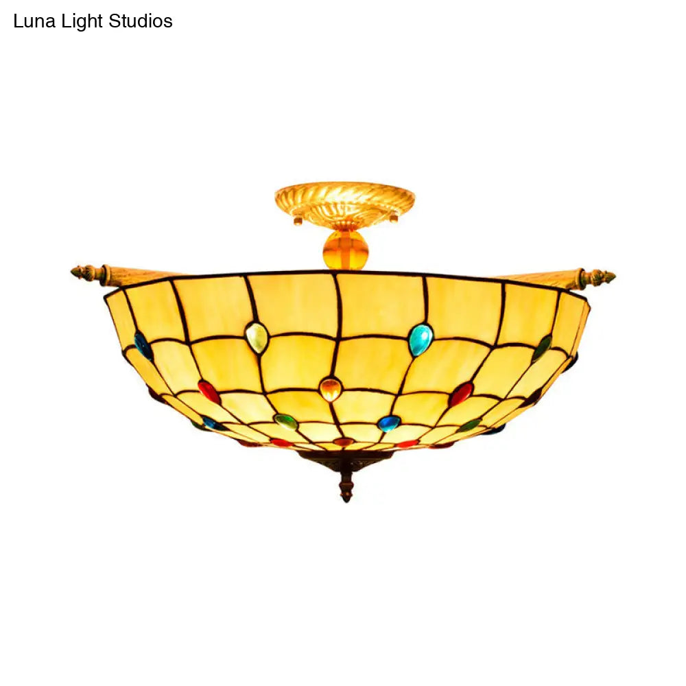 Tiffany Style Handcrafted Art Glass Ceiling Light Fixture - 5 Heads, Semi Flush Mount, Brass Finish - 21.5"/25.5" W