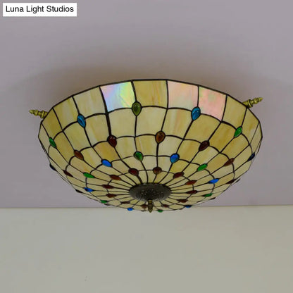 Tiffany Style Handcrafted Art Glass Ceiling Light Fixture - 5 Heads, Semi Flush Mount, Brass Finish - 21.5"/25.5" W