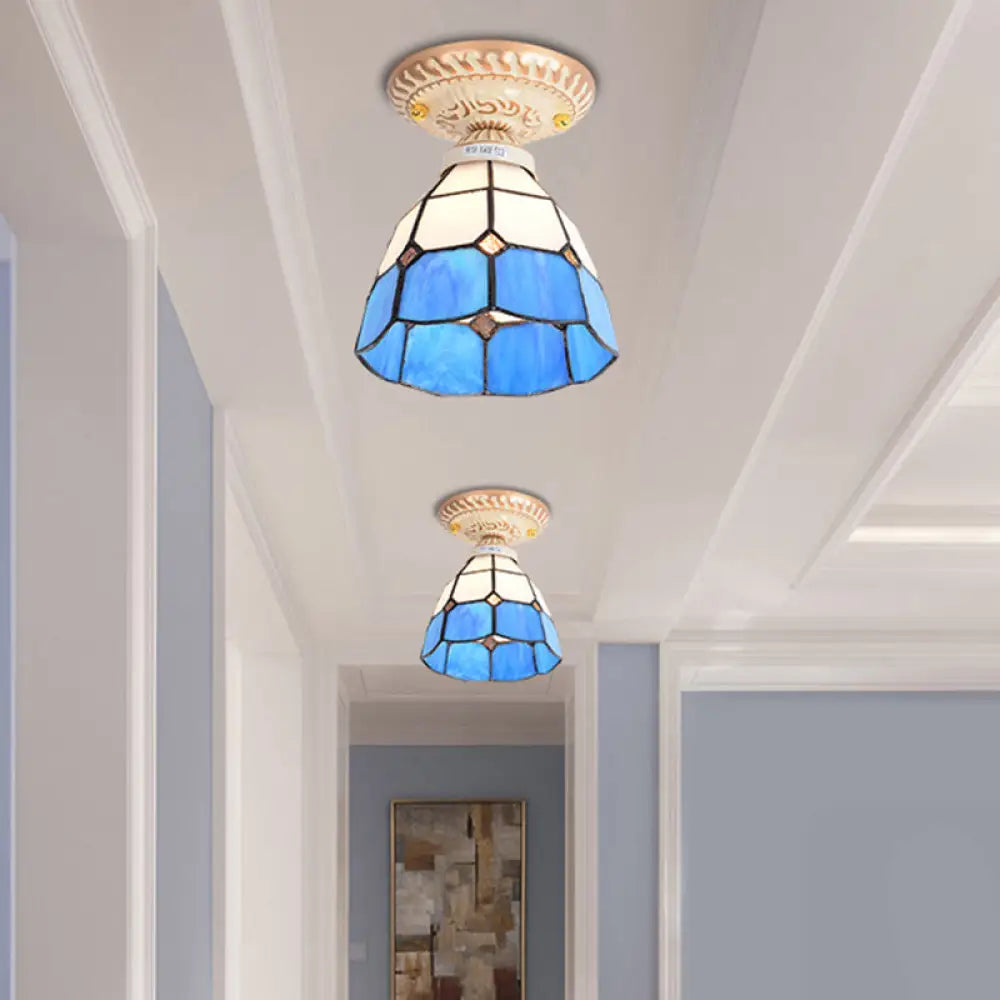 DecorBites™ DecorBites™ Tiffany Style Handcrafted Art Glass Semi Flush Ceiling Light Fixture with Bell Shade