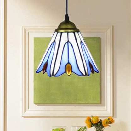 Tiffany-Style Handcrafted Blue Art Glass Pendant Ceiling Lamp with Flower Pattern - Wide Flare, 1 Bulb