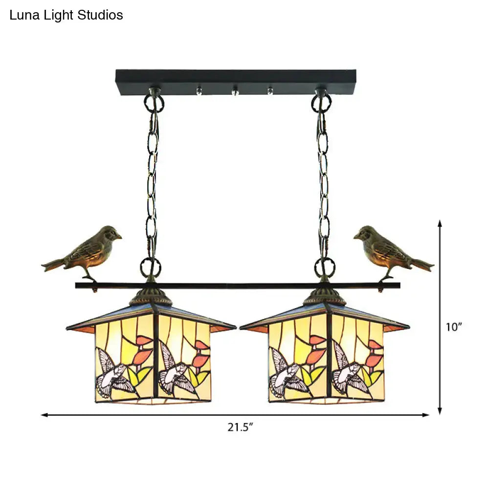 Twin house shaped island light pendant with amber stained glass and hummingbird floral design 220v-240v 110v-120v