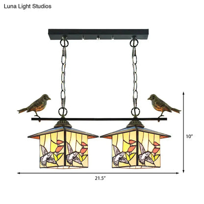 Twin house shaped island light pendant with amber stained glass and hummingbird floral design 220v-240v 110v-120v