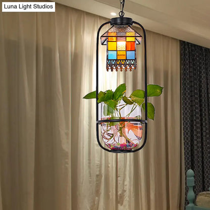 Tiffany Style House Shaped Hanging Lamp Kit with Stainless Glass - 1 Head Black Finish Ceiling Light