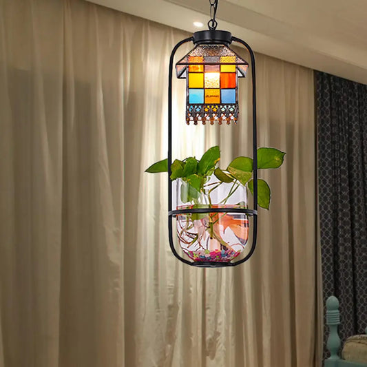 Tiffany Style House Shaped Hanging Lamp Kit with Stainless Glass - 1 Head Black Finish Ceiling Light