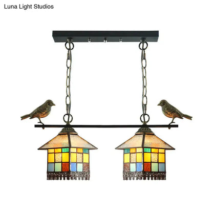 Vintage-style DecorBites™ pendant light with stained glass shade in yellow green blue and bird metalwork 220v-240v 110v-120v