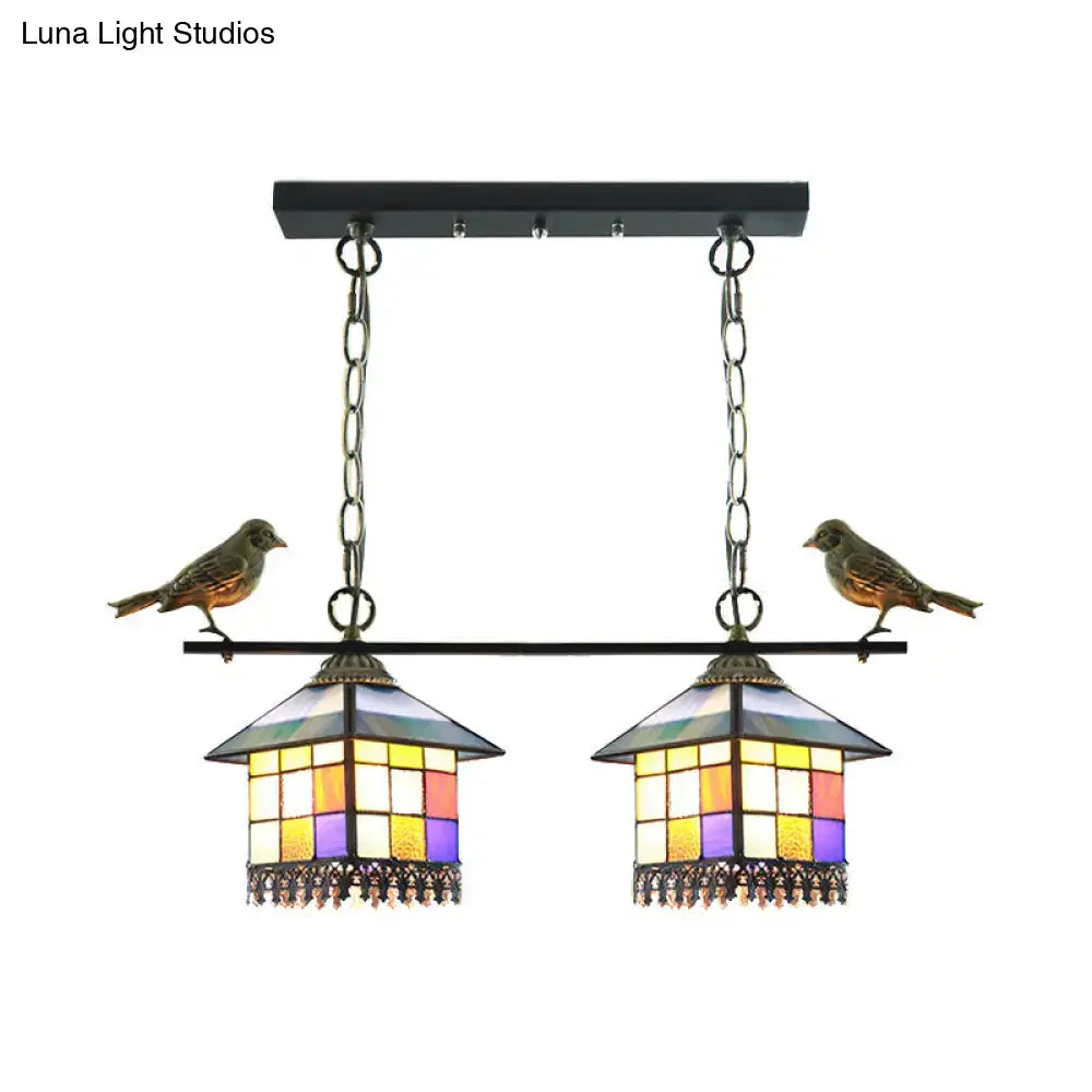 Black metal pendant light with two colorful stained glass shades and bird figurines suitable for 220v-240v 110v-120v use