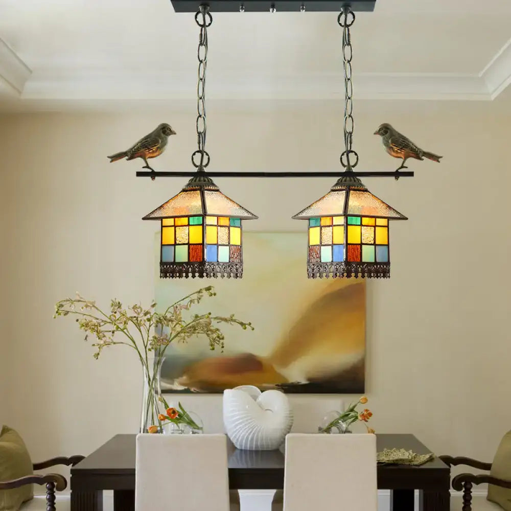 DecorBites blue clear tiffany style pendant light with two colorful stained glass shades and black metal frame for 220v-240v use
