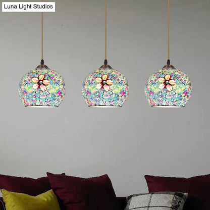 Tiffany-Style Multicolored Flower Glass Hanging Light with 3 Heads in Bronze