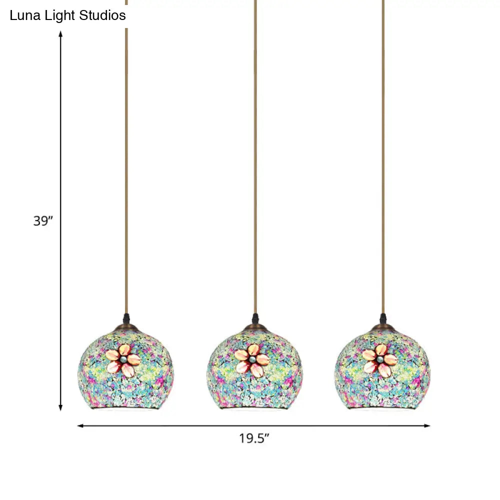 Tiffany-Style Multicolored Flower Glass Hanging Light with 3 Heads in Bronze