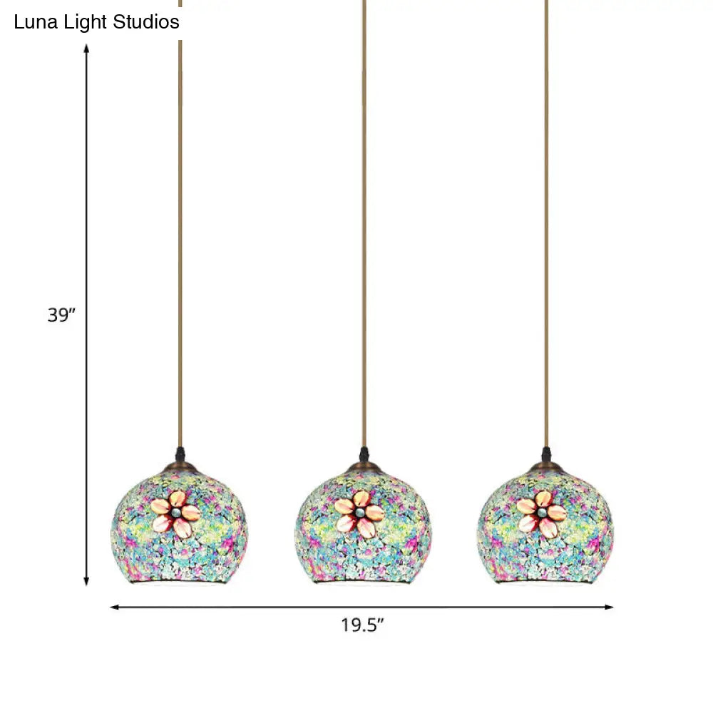 Tiffany-Style Multicolored Flower Glass Hanging Light with 3 Heads in Bronze