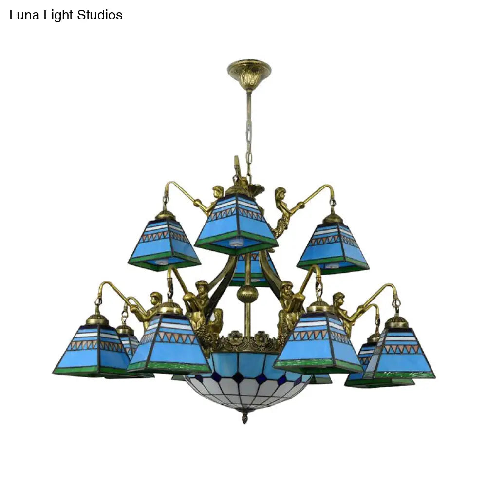 Tiffany-Style Orange/Blue Stained Glass Pyramid Chandelier: 15-Light Ceiling Lamp