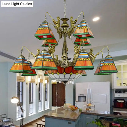 Tiffany-Style Orange/Blue Stained Glass Pyramid Chandelier: 15-Light Ceiling Lamp