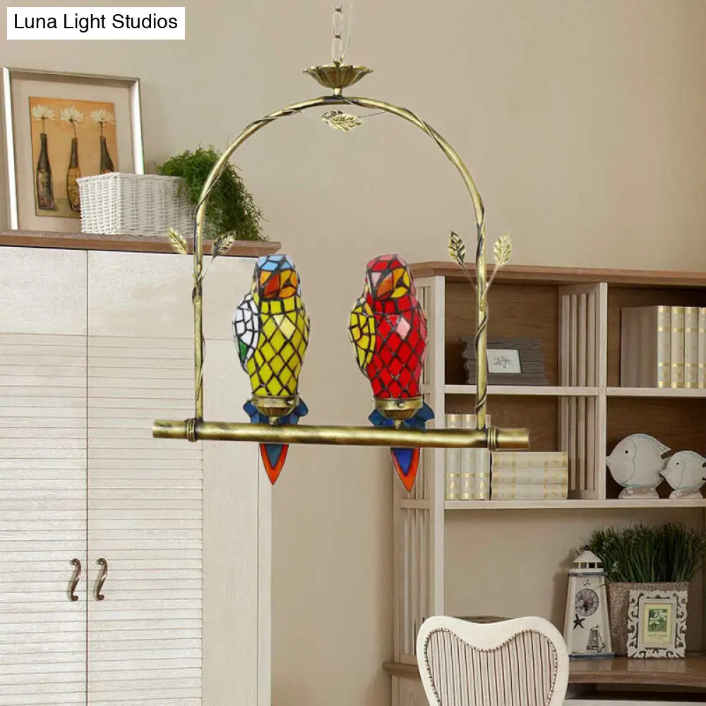 Tiffany Style Parrot Ceiling Light with Swing Perch - Blue/Pink & Red/Yellow Stainless Glass Hanging Lamp (2 Lights)