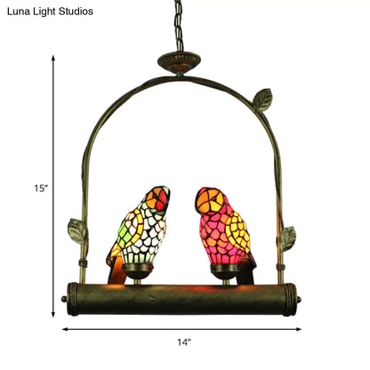 Tiffany Style Parrot Ceiling Light with Swing Perch - Blue/Pink & Red/Yellow Stainless Glass Hanging Lamp (2 Lights)