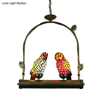 Tiffany Style Parrot Ceiling Light with Swing Perch - Blue/Pink & Red/Yellow Stainless Glass Hanging Lamp (2 Lights)