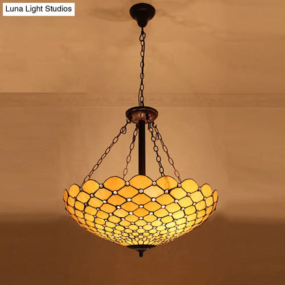 Tiffany-Style Pendant Light with Stained Art Glass Bowl Shade for Ceiling Suspension