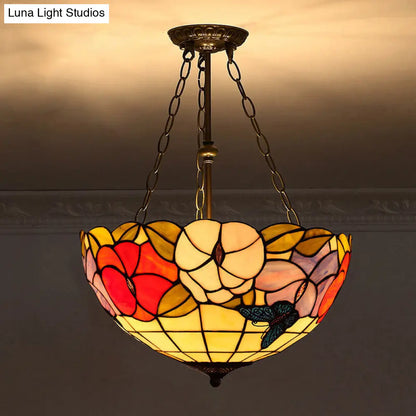 Tiffany-Style Pendant Light with Stained Art Glass Bowl Shade for Ceiling Suspension