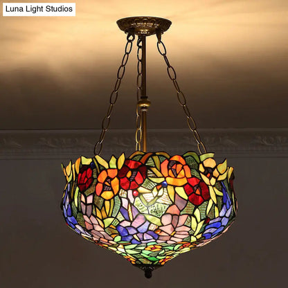 Tiffany-Style Pendant Light with Stained Art Glass Bowl Shade for Ceiling Suspension